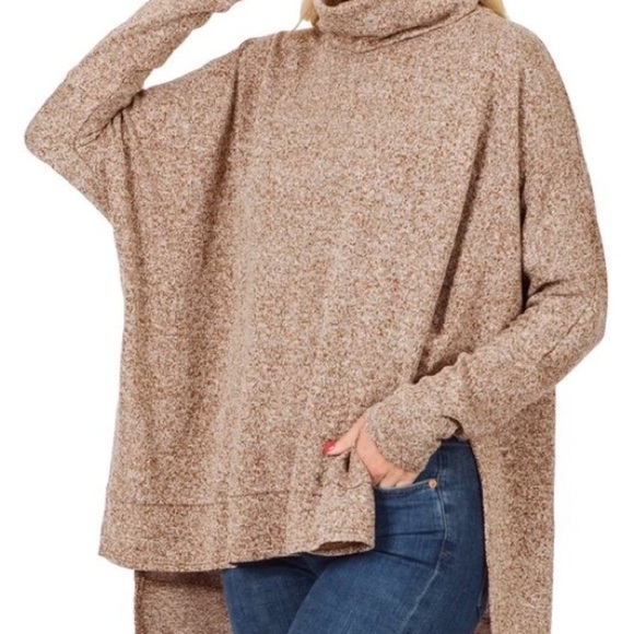 Oversized Sweater Women size Large Olive Green Turtleneck Hi Low hem Loose Fit - Picture 5 of 12